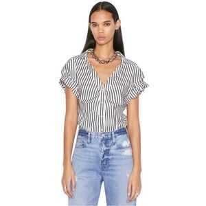 FRAME Striped Ruched V-Neck Rolled Sleeve Button Down Blouse - M - Linen Blend